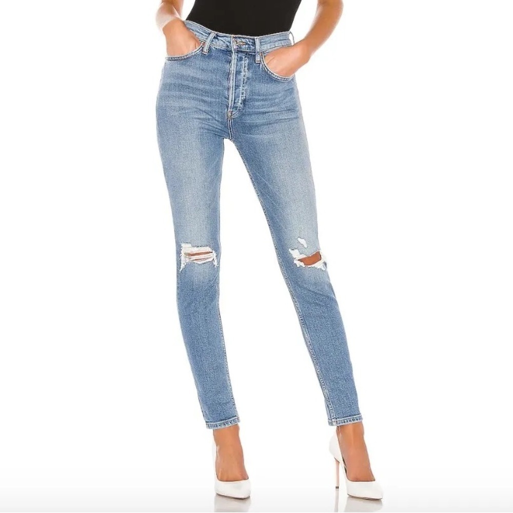 RE/DONE Ultra High Rise Button Fly Distressed Fade Away Dust Skinny Jeans